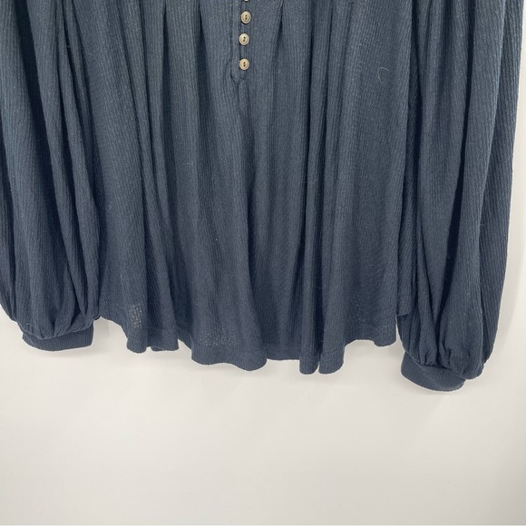 Free People Devin Black Balloon Sleeve Henley Oversized Textured Knit Top - Picture 6 of 13